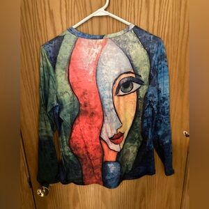 Wearable Art Abstract Face Print Top – Size M – Stretch Long Sleeve